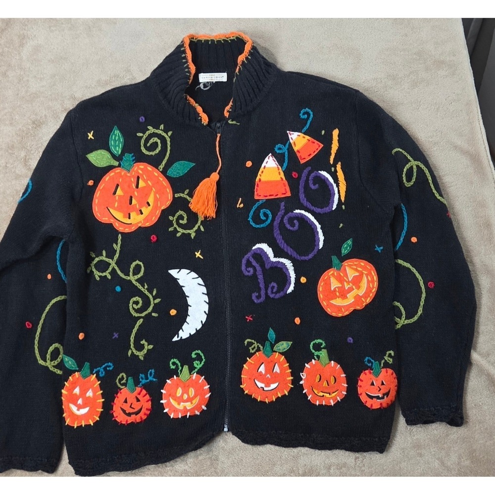 Vintage 90s Yarnworks Halloween BOO Cardigan Sweater Women XL black Full Zip